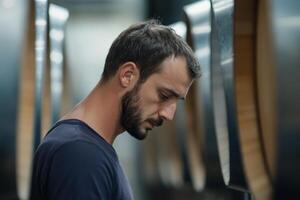 Thoughtful male winemaker standing in cellar with wine barrels photo