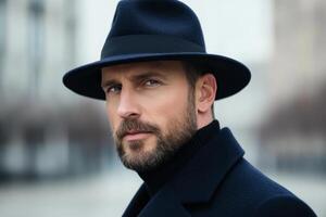Man in dark coat and hat gazes confidently in blurred urban setting during overcast day photo