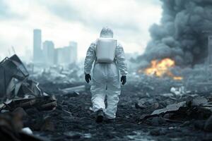 Emergency response in a post-apocalyptic urban landscape with destruction and smoke photo