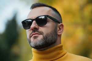 Confident man in sunglasses enjoys a sunny autumn day outdoors with vibrant foliage in the background photo