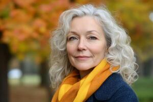 Vibrant autumn portrait of a smiling woman with curly hair in a colorful scarf against a backdrop of fall foliage photo