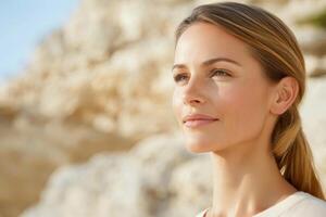 Woman enjoying a peaceful moment outdoors with a serene expression on her face in a natural setting photo