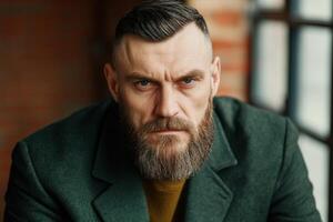 A man with a thick beard and a serious gaze sits indoors, surrounded by brick walls and large windows, showcasing a contemplative moment in a well-lit space photo