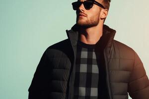 Fashionable young man in a puffer jacket and sunglasses posing against a light backdrop photo