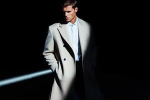 Stylish man in a cream coat stands confidently in a dramatic light contrast on a dark background photo