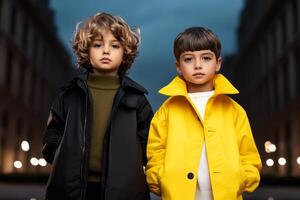 Stylish children pose confidently in urban setting showcasing fashion and personality during twilight photo