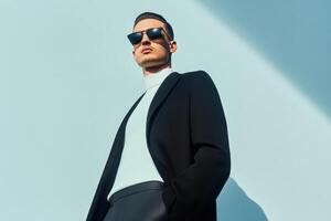 Stylish man poses confidently against a minimalistic backdrop showcasing contemporary fashion trends in urban setting photo