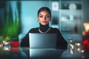 Woman working intently on laptop in modern office with elegant decor during evening hours photo