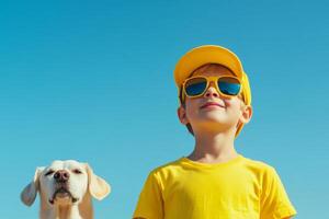 Sunny day adventure with a joyful child and loyal dog against a clear blue sky photo
