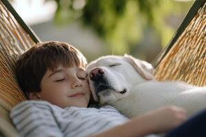 Young boy and dog share a peaceful nap in a hammock on a sunny afternoon photo