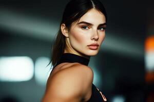 Portrait of a confident young woman in athletic wear showcasing strength and determination in a dimly lit space photo