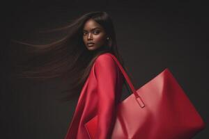 Model showcases elegance in a striking red outfit while carrying a bold red handbag against a dark background photo