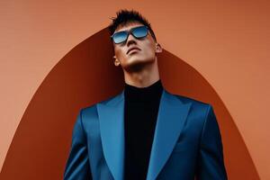 Stylish man in a blue blazer poses confidently against a bold orange background during a fashion photo
