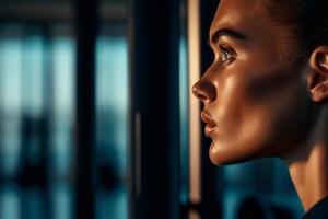 Profile of a woman with striking facial features captured in dramatic lighting indoors during evening hours photo