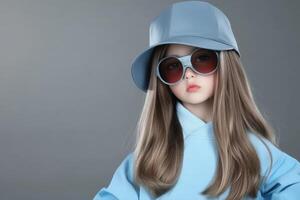 Stylish doll wears casual blue attire and oversized sunglasses indoors photo