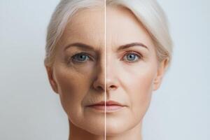 Transformation of a woman's appearance showing aging on one side and youthful skin on the other side photo