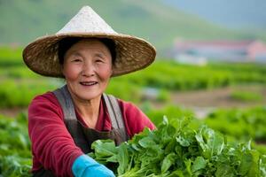 Smiling farmer harvesting fresh greens in a lush garden on a sunny day in rural countryside photo