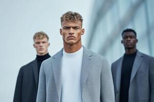 Group of men in stylish coats posing confidently outdoors in an urban setting during daylight photo