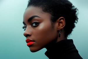 Model showcases striking beauty with vibrant lipstick against a soft background in urban setting photo