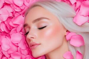 Beautiful woman with long hair resting on pink rose petals during daylight hours in a serene setting photo