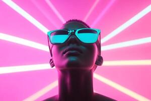 Vibrant portrait of a person wearing stylish sunglasses against a colorful neon backdrop photo