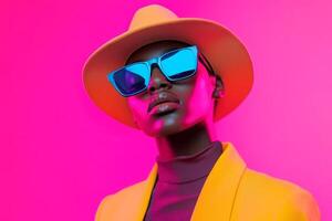 Fashion model showcases vibrant style against a pink background with striking accessories and bold colors photo