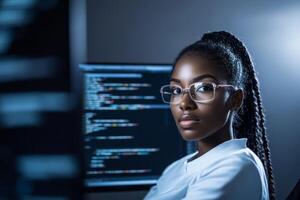 Focused young woman working on coding tasks in a modern tech environment photo