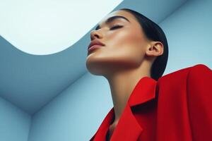 Fashion model poses gracefully in striking red outfit against a modern backdrop with soft lighting photo