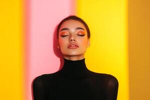Bright colors and striking makeup enhance the beauty of a model posing against vivid backgrounds in a modern studio setting photo