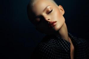 A model with a sleek hairstyle displays sophisticated makeup, wearing a patterned shirt, posing gracefully against a muted dark backdrop, embodying confidence and artistry photo