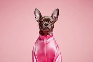 Stylish brown dog in pink jacket poses against a pastel pink background photo