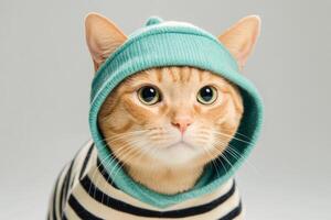 Cute orange cat wearing a striped sweater and a teal hood, posing for the camera indoors in a cozy atmosphere photo