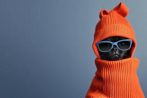 Cat wearing orange sweater and blue sunglasses poses against a plain background photo