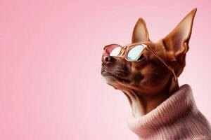 Stylish dog poses confidently in sunglasses against a pink background, showcasing a chic and playful vibe photo