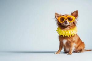 Chihuahua wearing yellow sunglasses and a floral necklace poses playfully against a simple background photo