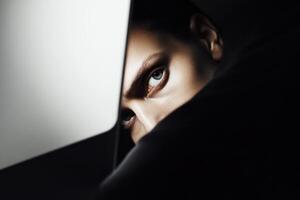 Mysterious individual peering from behind a dark surface with intense gaze in a dimly lit space photo
