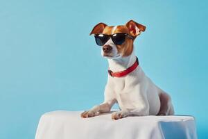 Charming dog wears sunglasses while posing against a vibrant blue background in a playful indoor setting photo