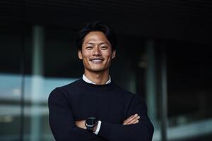 Confident young man in black sweater smiles warmly in a modern indoor setting during daylight hours photo