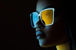 Stylish model showcases vibrant sunglasses in a dramatic lighting setup during an urban fashion event photo