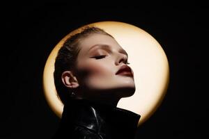 Bold fashion model poses dramatically against a glowing background highlighting a modern aesthetic in studio lighting photo
