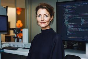 Professional adult woman in an office setting surrounded by computers and programming code photo
