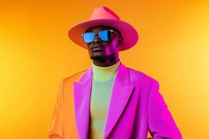 Stylish man in vibrant outfit and hat poses against a bright orange background during a colorful fashion shoot photo