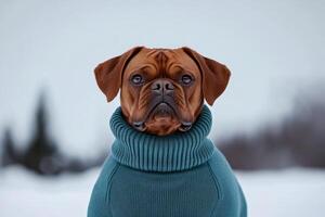Cute dog wearing a cozy sweater in a snowy landscape looks up with a curious expression on a winter day photo