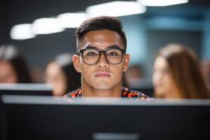 Focused young man working intently at a computer in a modern workspace photo