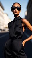 Stylish model poses confidently on a sunlit urban street wearing a sleek black outfit and sunglasses photo