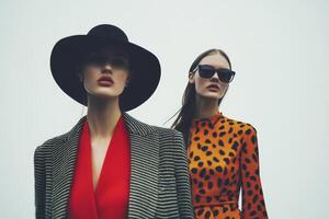 Two fashionable models pose confidently in vibrant outfits, highlighting contrasting patterns and accessories. photo