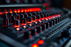 Control panel with illuminated buttons and knobs showcasing a high-end audio equipment setup in a dimly lit studio photo