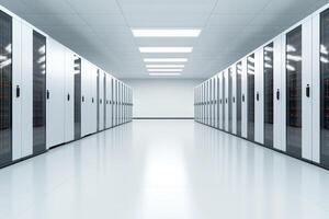 Expansive data center featuring rows of server racks in a modern, well-lit facility photo