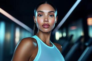 Fitness enthusiast posing in a modern gym with neon lighting during a workout session photo