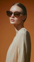 Elegant model poses with sunglasses against warm orange backdrop during fashion shoot photo